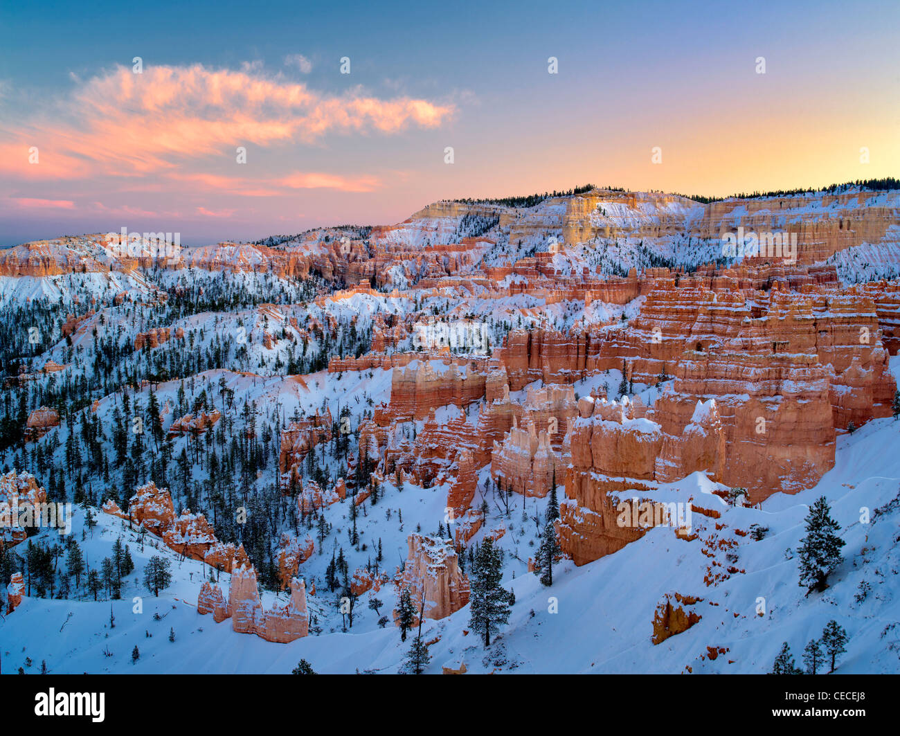 Neige et coucher de soleil dans le Parc National de Bryce Canyon, Utah Banque D'Images