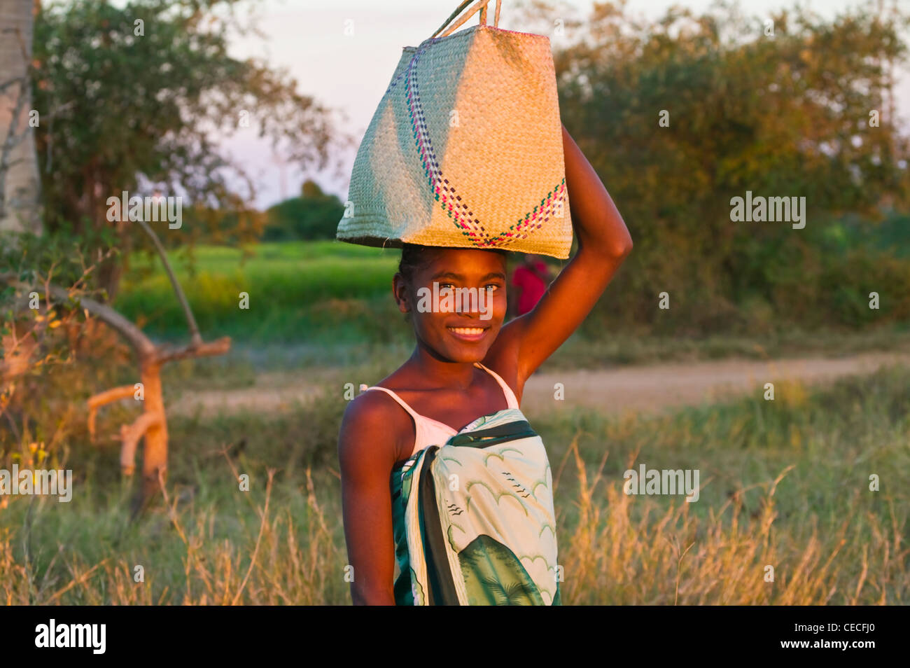 Panier femme portant sur la tête, Morondava, Toliara, Madagascar Banque D'Images