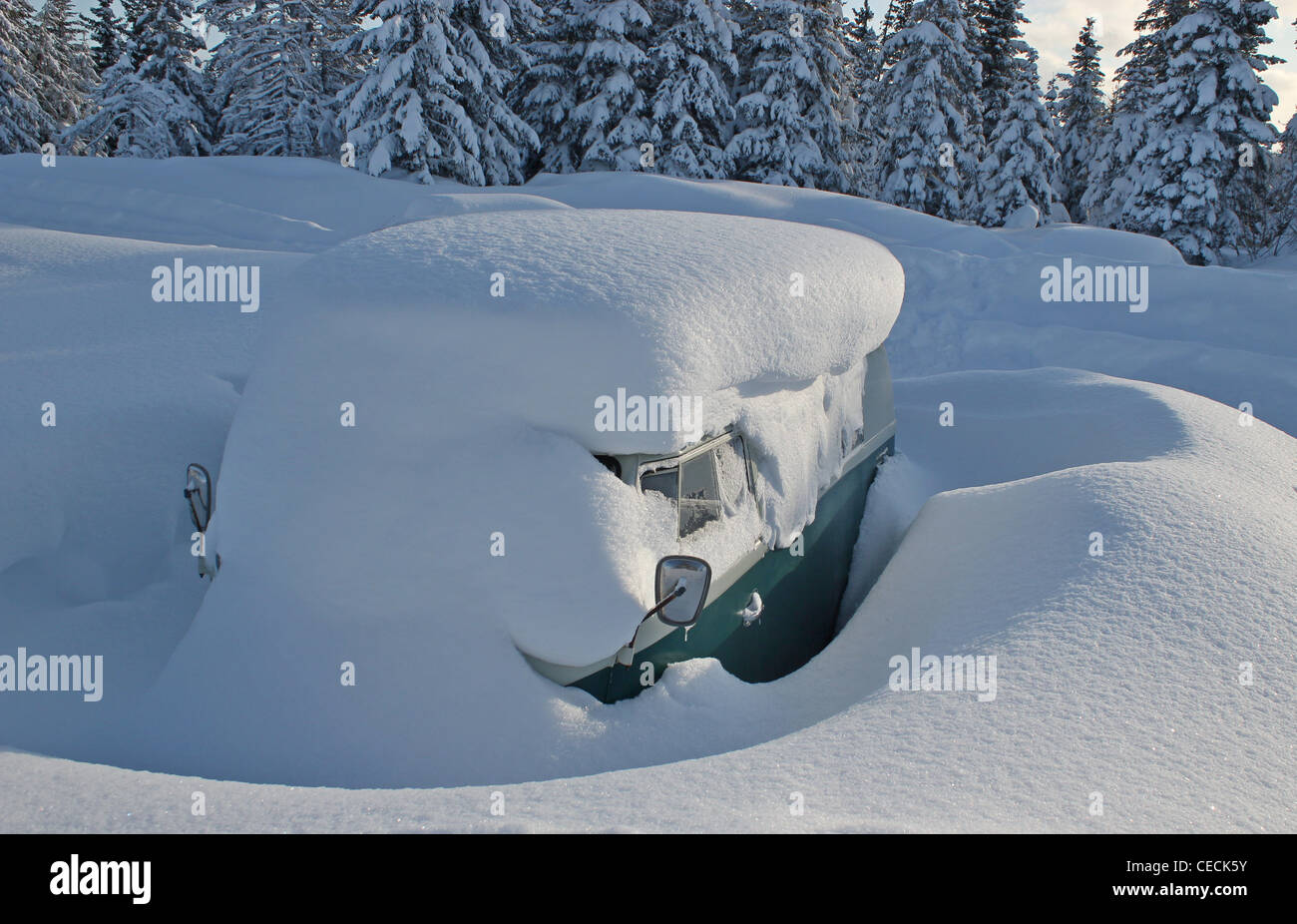 Van enterré dans la neige profonde avec des sapins à l'arrière-plan. Banque D'Images