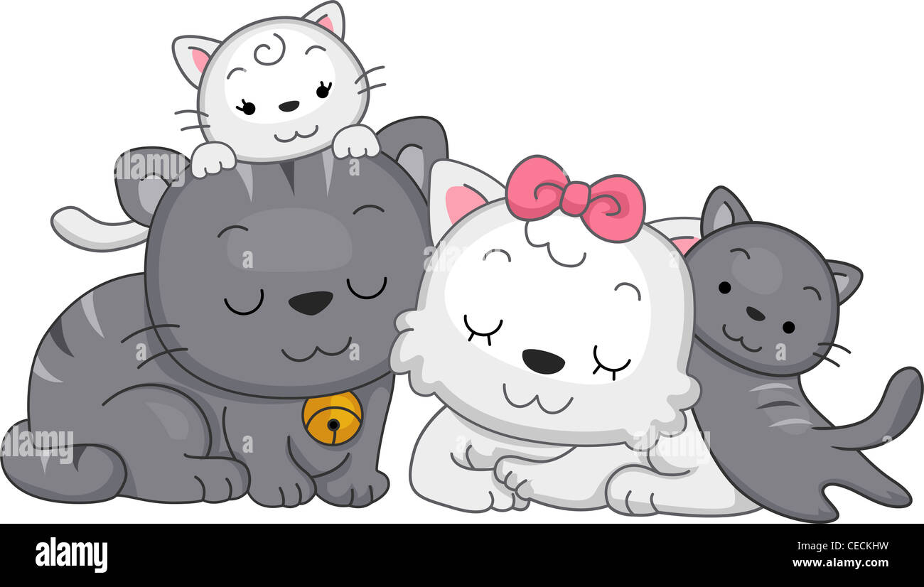 Illustration avec une famille de chats Banque D'Images