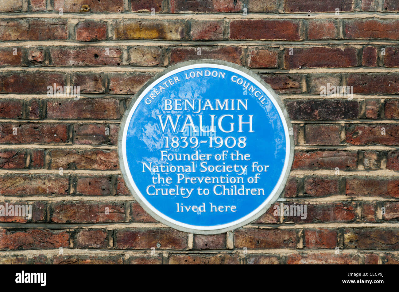 Blue plaque commémorant Benjamin Waugh, le fondateur de la NSPCC, à Greenwich, Angleterre. Banque D'Images