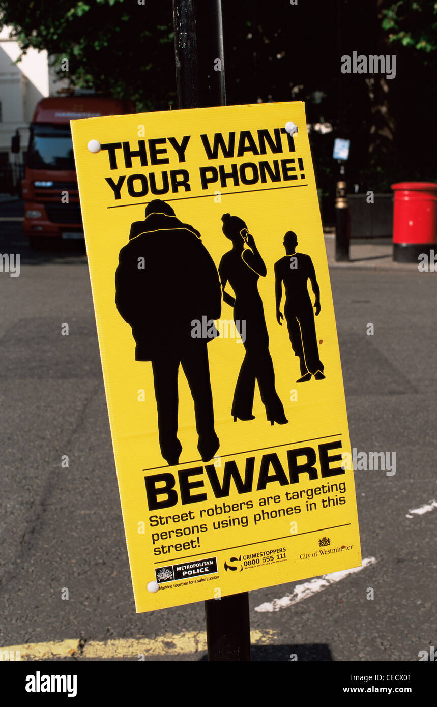 L'Angleterre, Londres, la prévention du crime Street Sign Banque D'Images