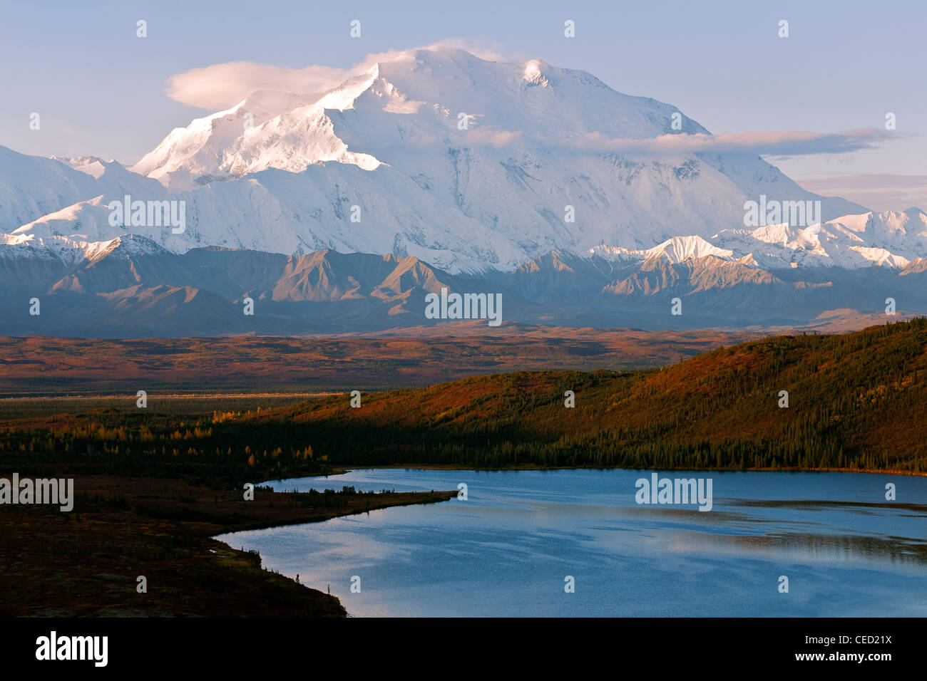 Le mont McKinley (20.320ft) et d'Émerveillement Lac. Denali National Park. De l'Alaska. USA Banque D'Images