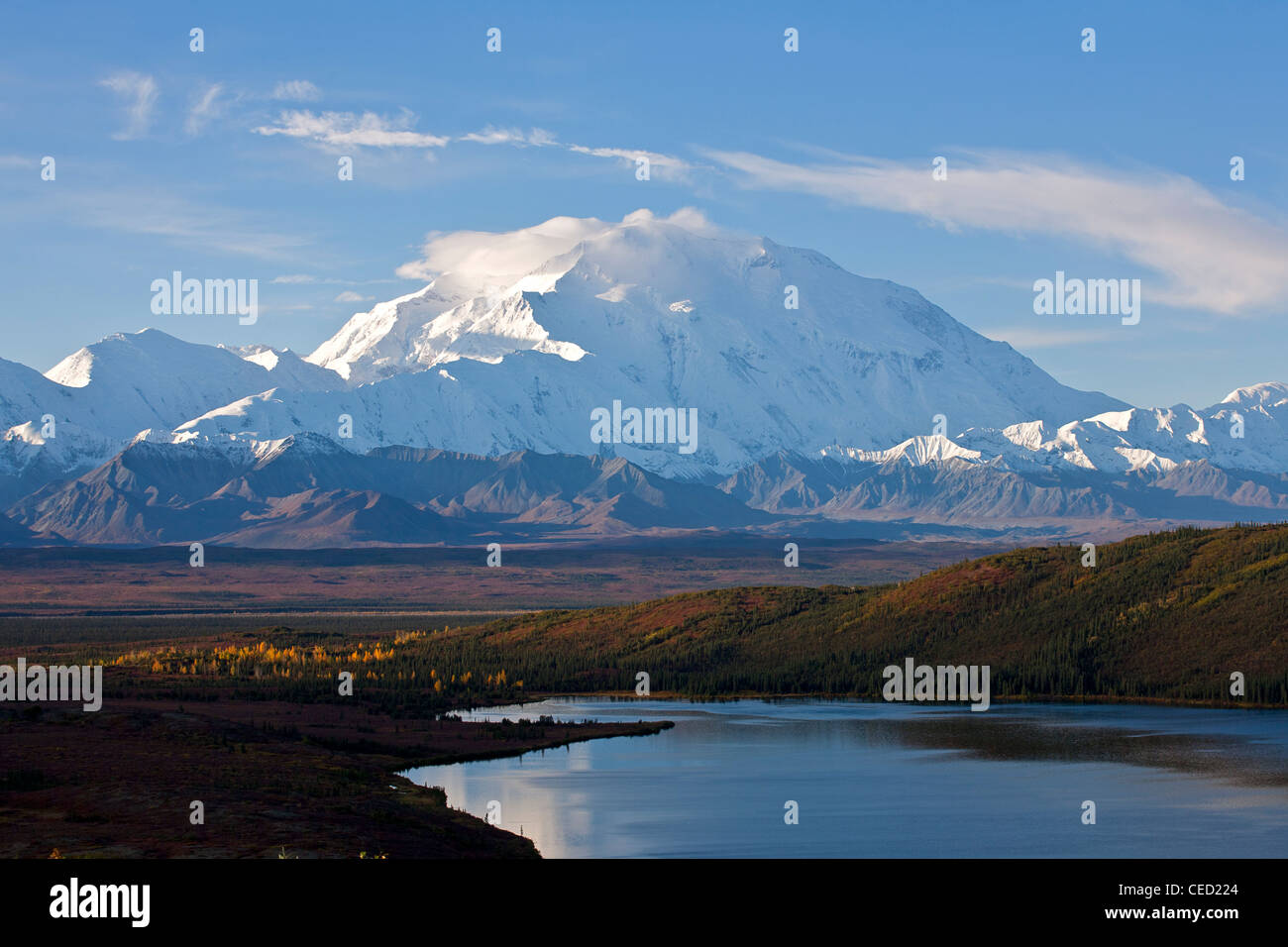 Le mont McKinley (20.320ft) et d'Émerveillement Lac. Denali National Park. De l'Alaska. USA Banque D'Images