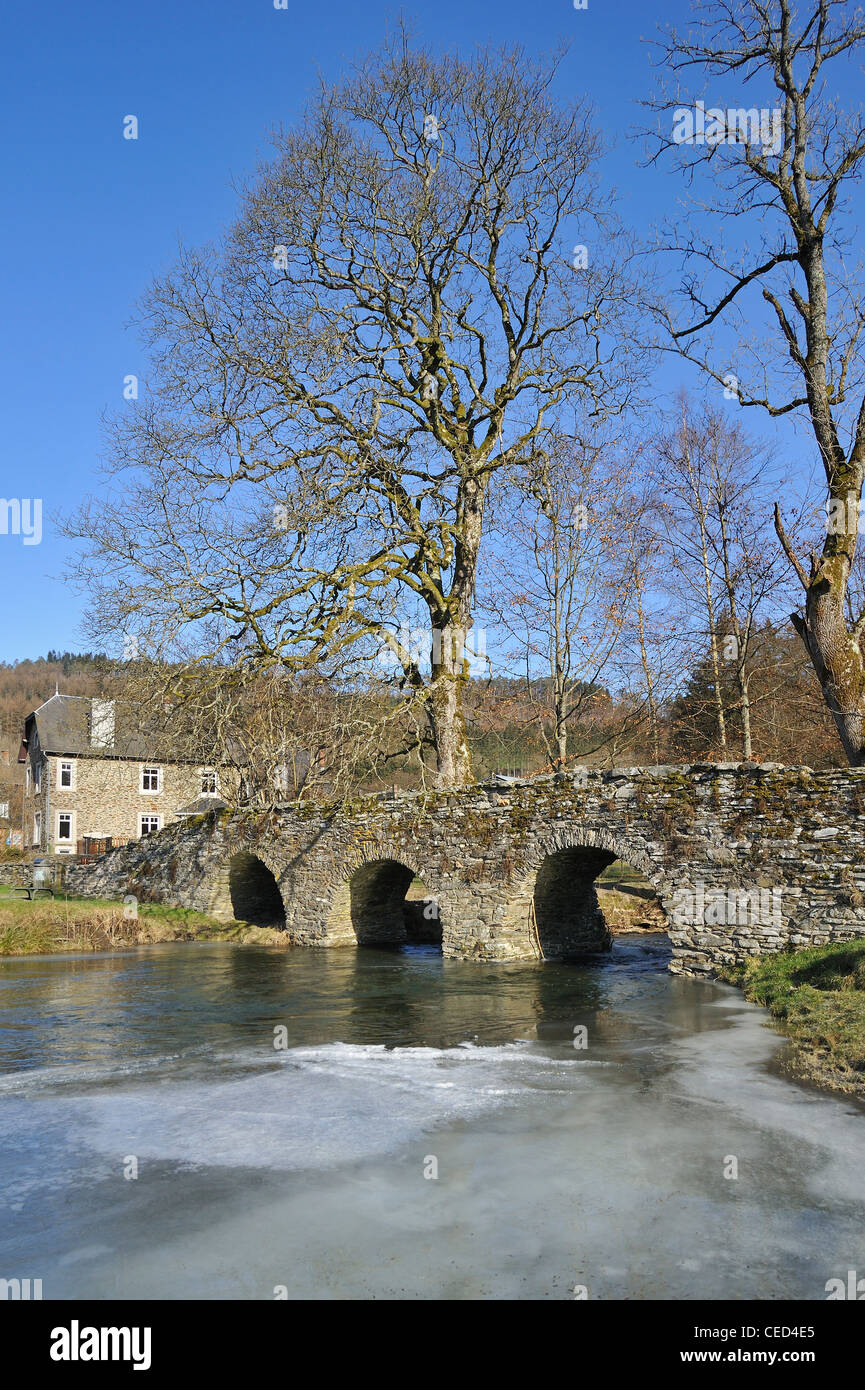 Vieux pont pittoresque en pierre, le Pont Saint-Lambert à Vresse-sur-Semois en hiver, Ardennes, Belgique Banque D'Images