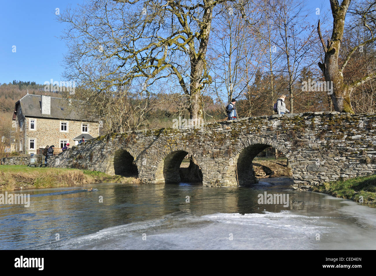 Les marcheurs crossing old stone bridge, le pittoresque pont Saint-Lambert à Vresse-sur-Semois en hiver, Ardennes, Belgique Banque D'Images