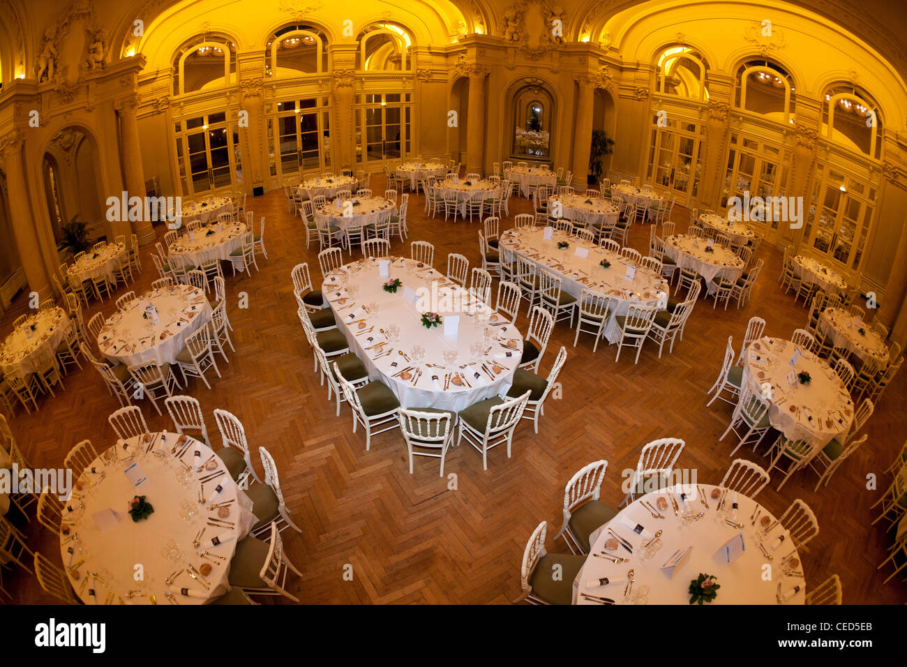 Le Salon Berlioz de l'Opéra de Vichy préparé pour une réception (Convention Centre - Vichy - Allier - Auvergne - France). Banque D'Images