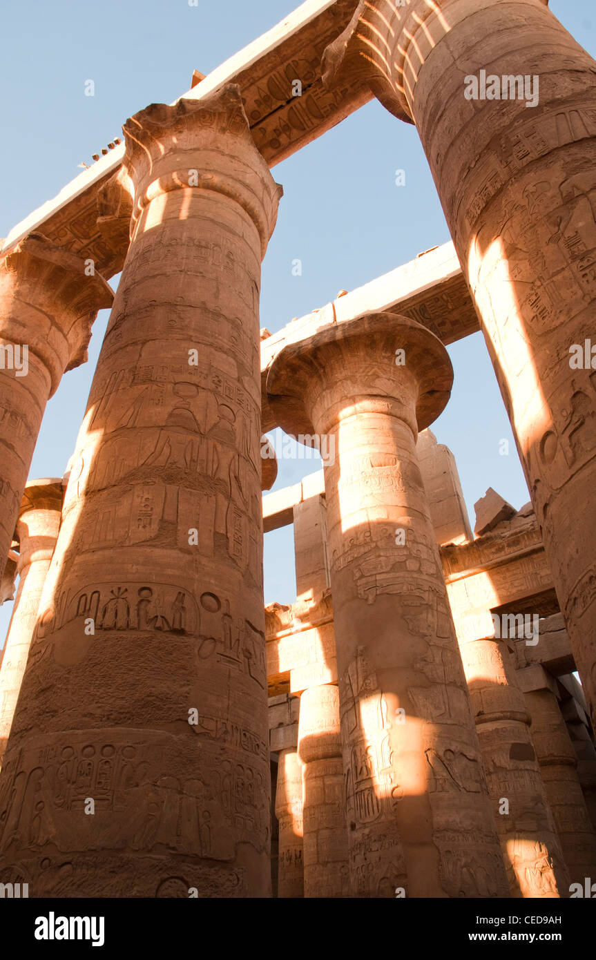 Colonnes de la salle hypostyle dans l'enceinte d'Amon-Rê, le Temple de Karnak, Louxor complexes Banque D'Images