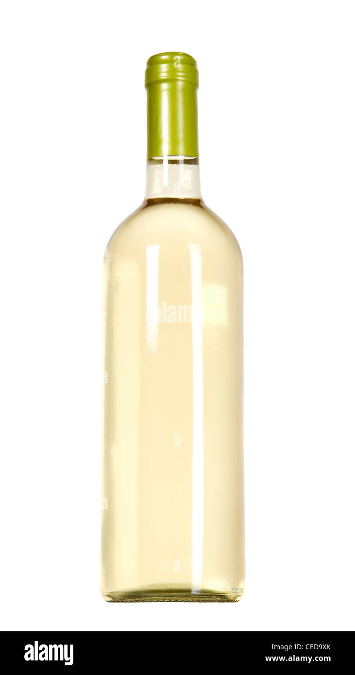 Il y a une bouteille de vin blanc en fond blanc Banque D'Images