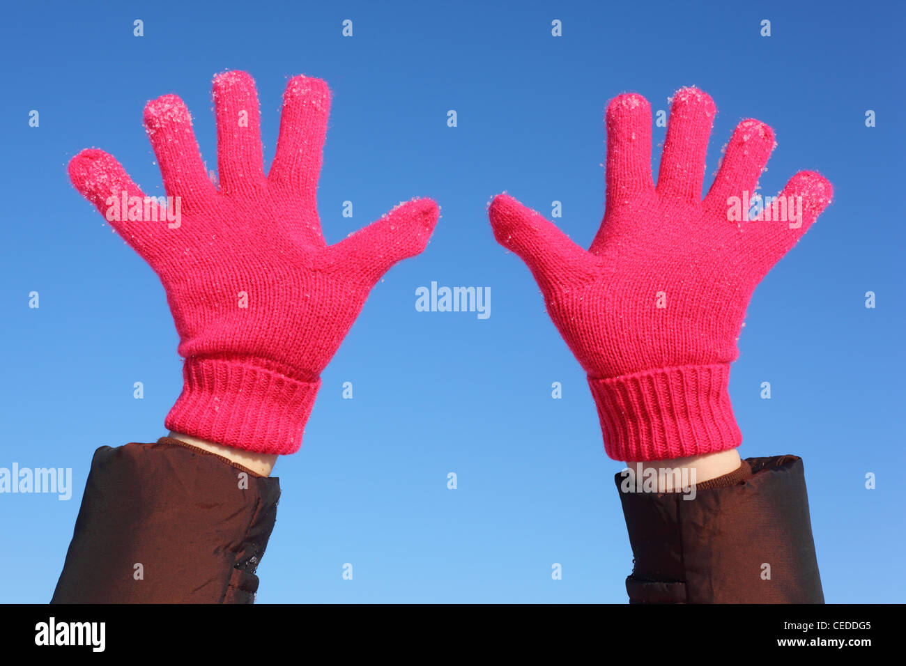 Deux mains dans des gants rouge contre le ciel bleu Banque D'Images