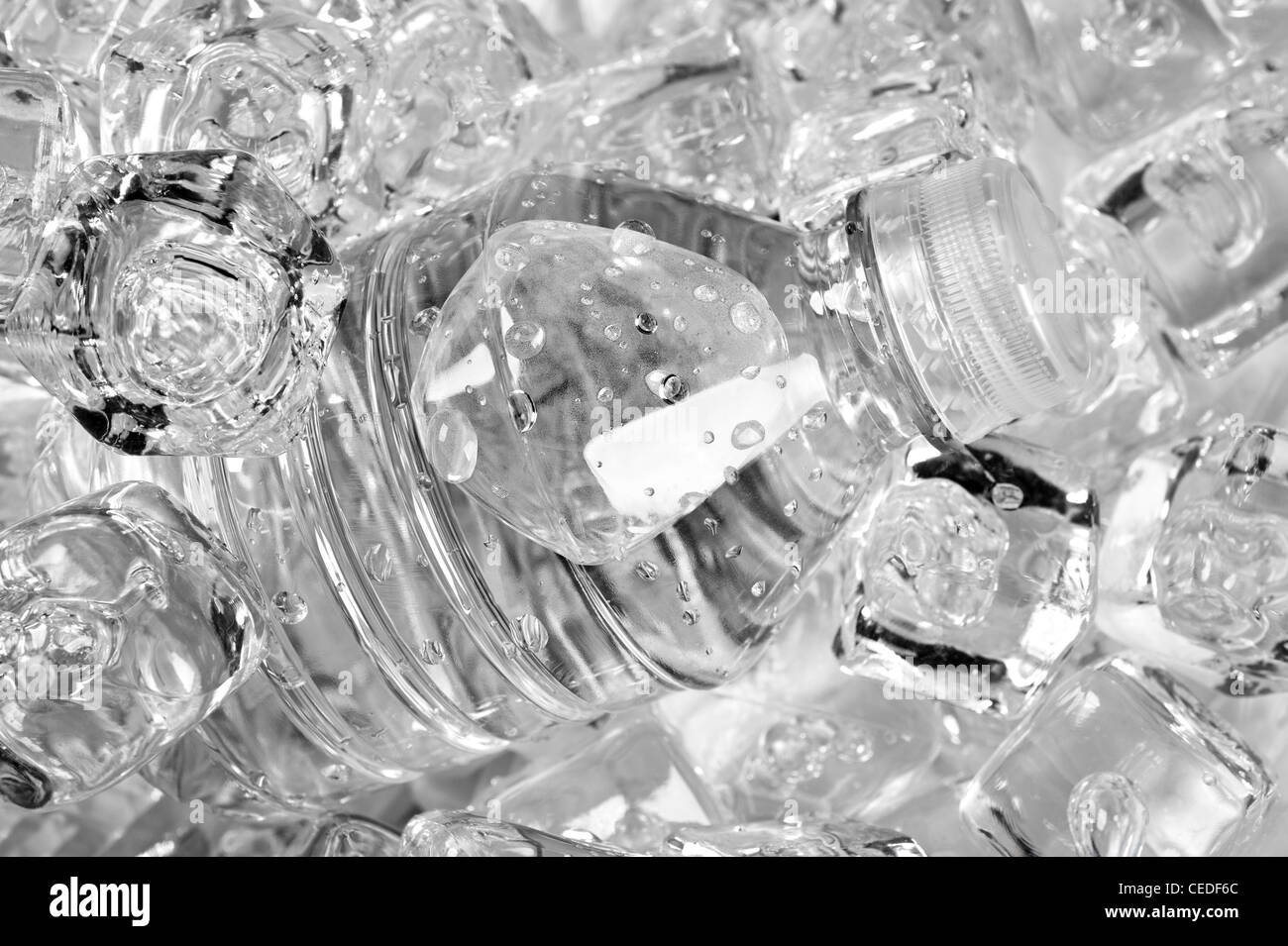 Une bouteille en plastique d'eau dans la glace. Banque D'Images