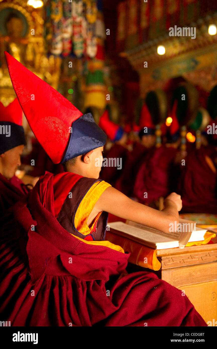 Les moines chantant des prières à l'intérieur d'un monastère le Losar, le Sikkim, Inde Banque D'Images