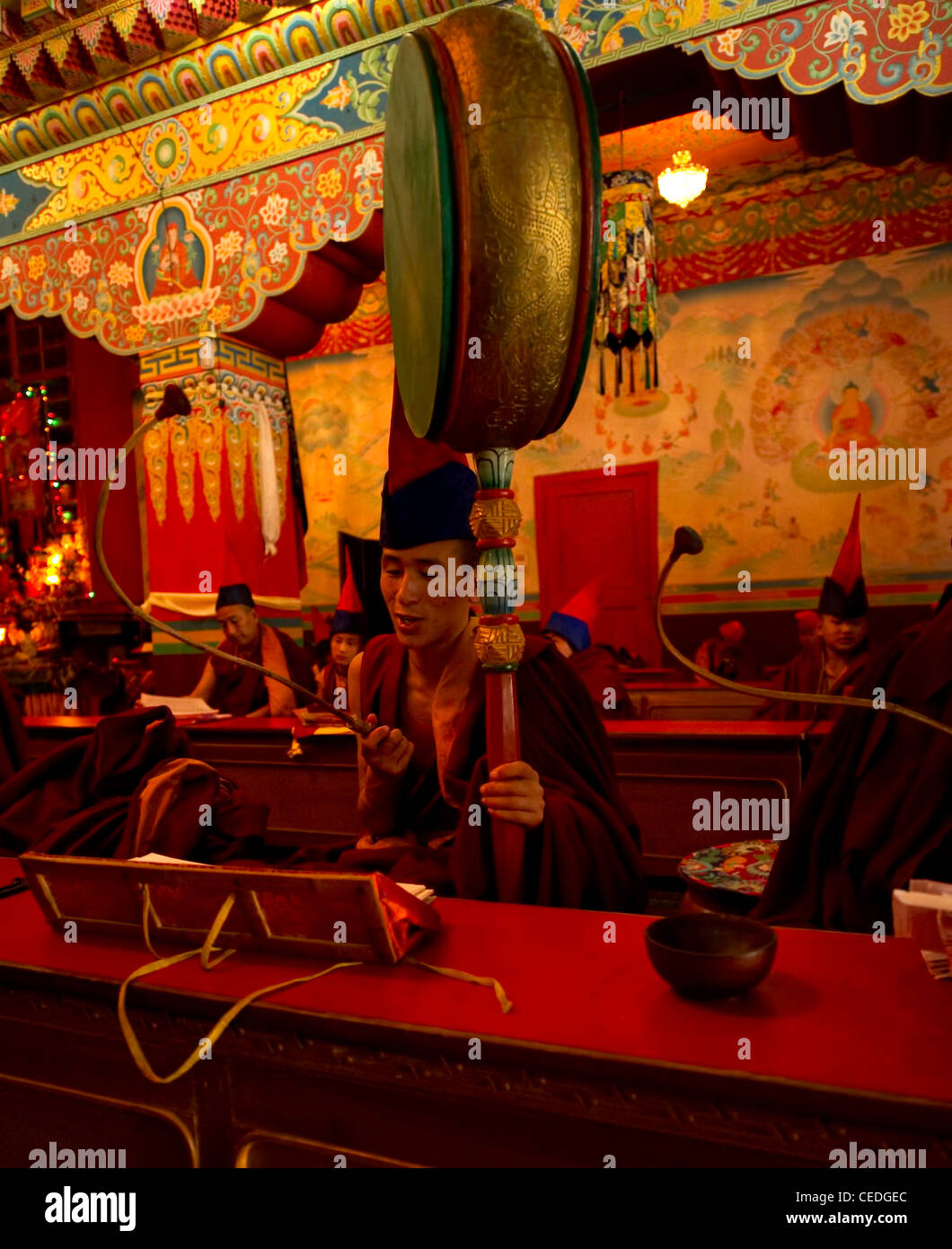 Le moine bouddhiste avec un tambour pendant le Losar chantant dans un monastère au Sikkim, Inde Banque D'Images