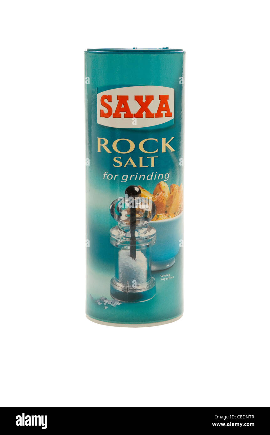 Gros plan du carton de sel de roche de Saxa Banque D'Images