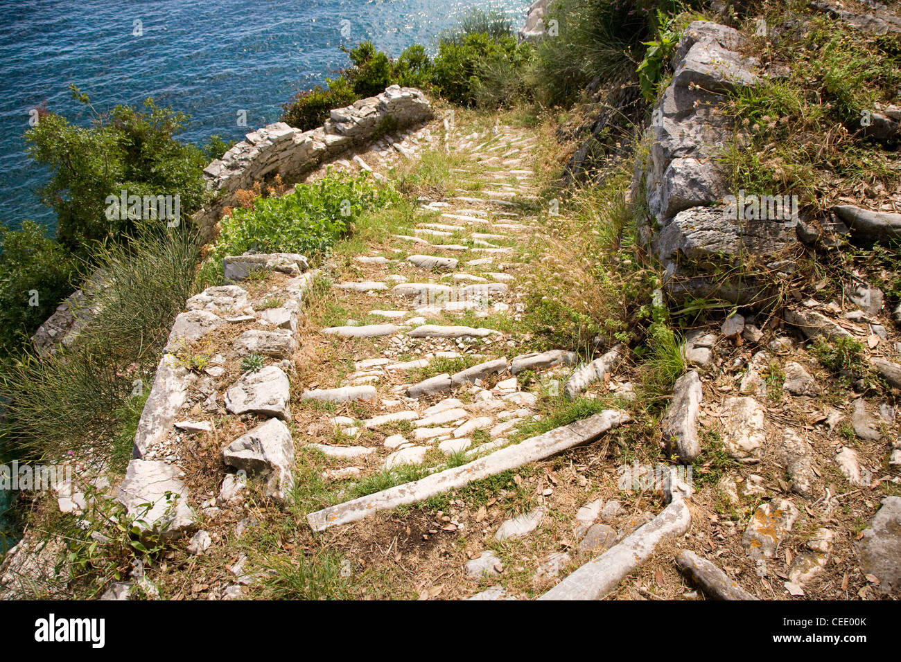 La voie pavée de torsion ou kaldarimi fortement depuis l'escalade de Damouchari Tsangarada au-dessus de la mer Égée sur la Pelion en Grèce Banque D'Images