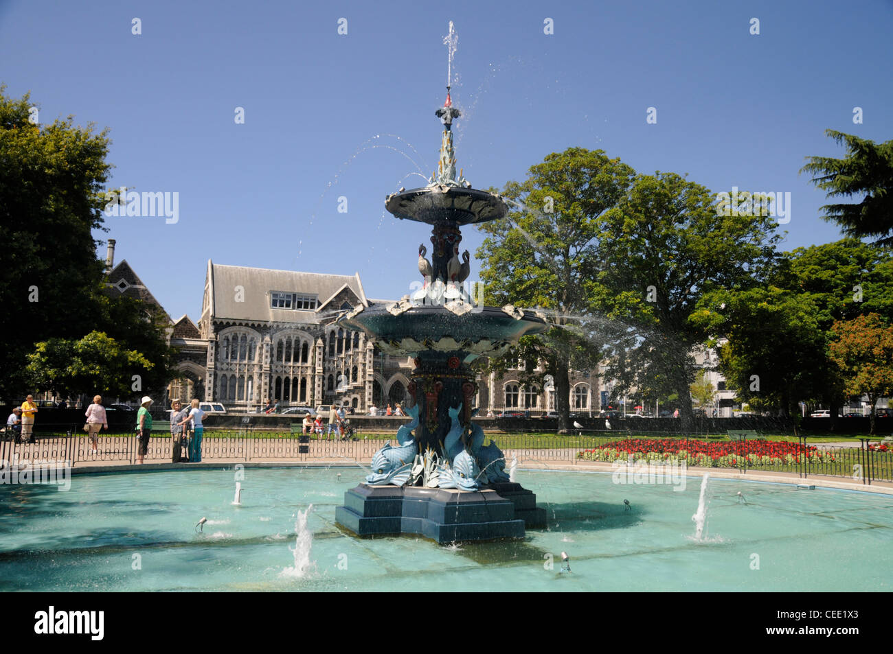 Le paon fontaine dans les jardins botaniques de Hagley Park à Christchurch, Nouvelle-Zélande Banque D'Images