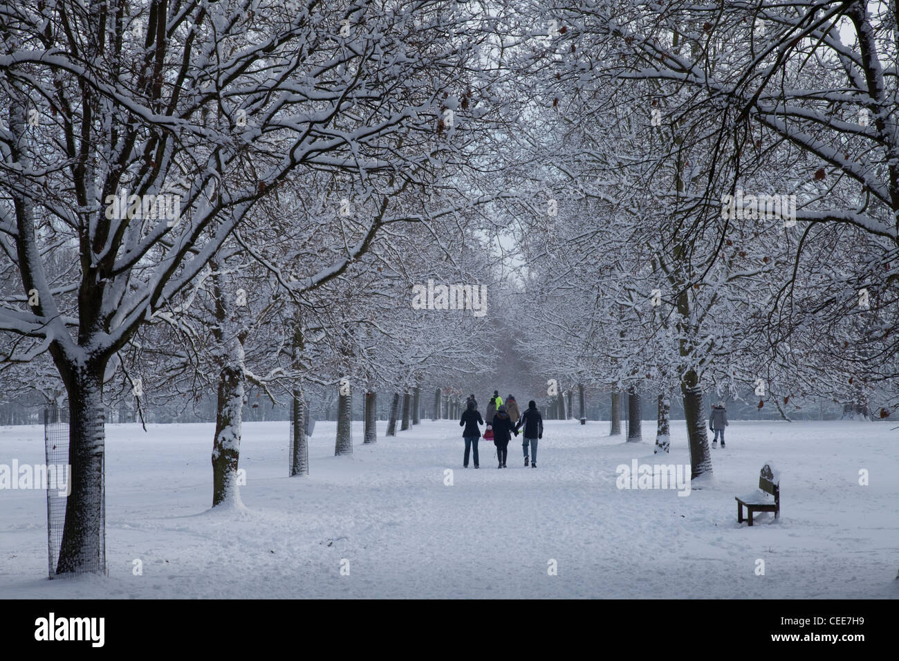 Famille marcher dans la neige à Nottingham Wollaton Park, Angleterre, Royaume-Uni Banque D'Images
