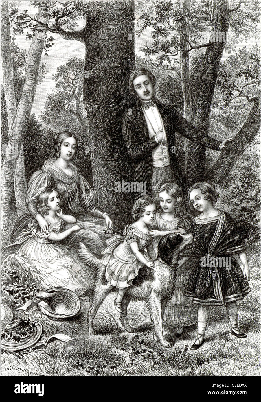 La reine Victoria et son époux, le Prince Albert et leurs quatre enfants. Banque D'Images