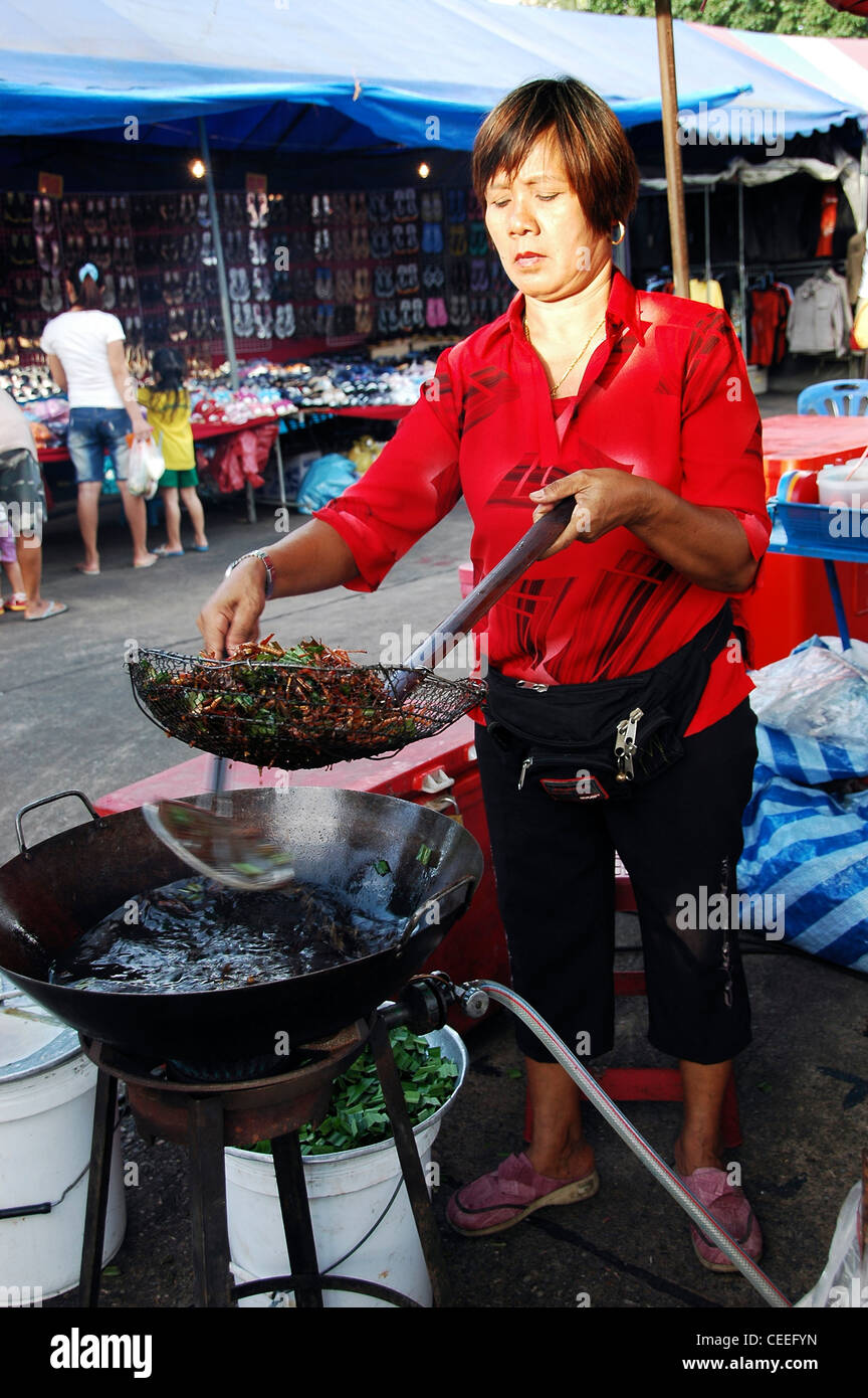 Les étals de nourriture insectes frits, Bangkok, Thaïlande. Banque D'Images