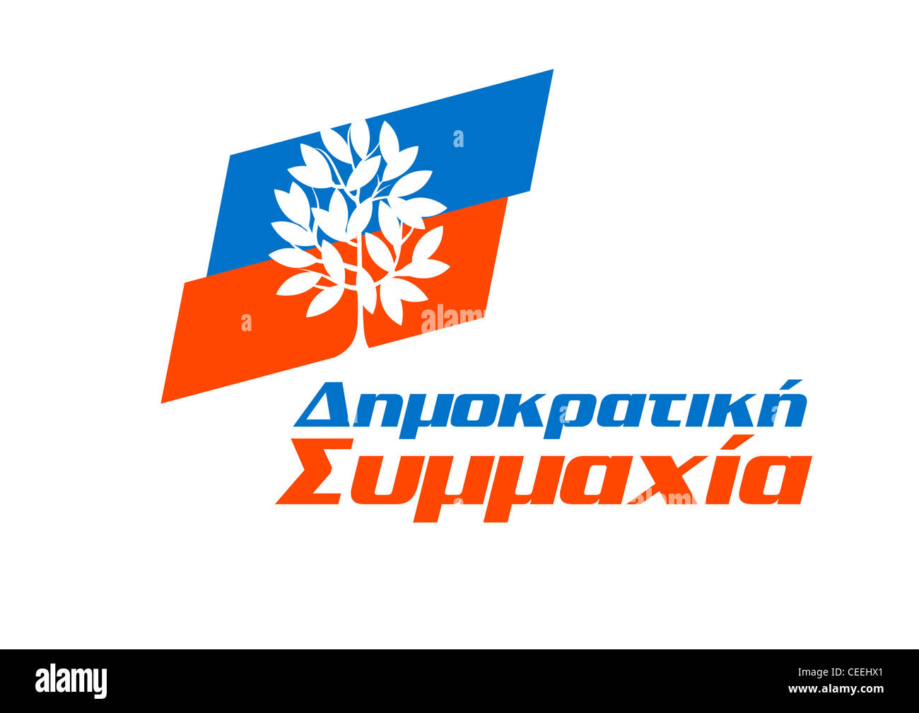 Le logo du parti conservateur libéral démocratique grec Alliance - Dimokratiki Symmachia. Banque D'Images