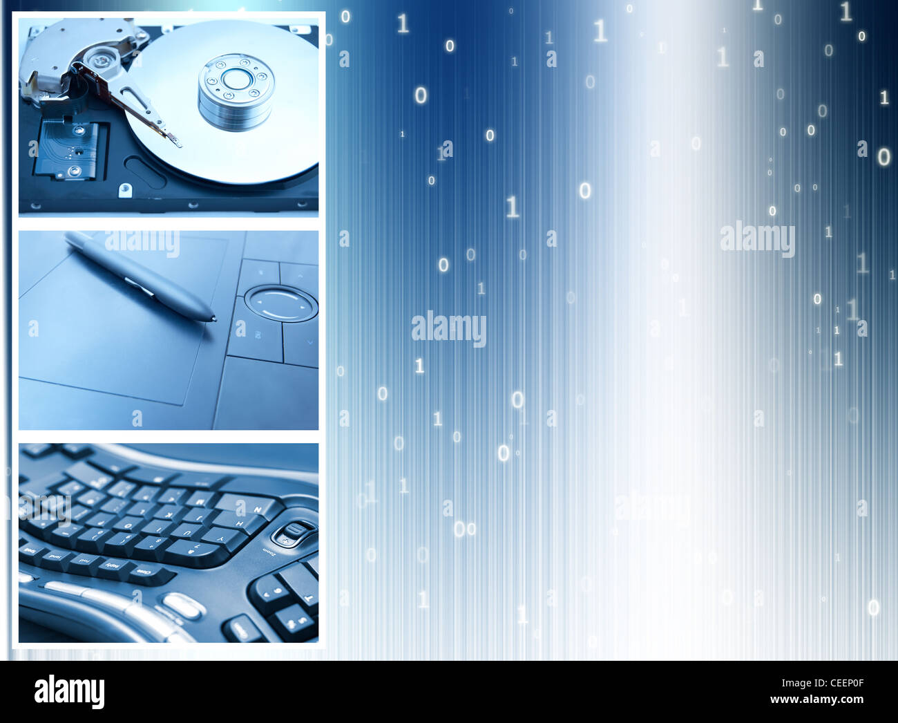 Collage : les technologies de l'information (TI). Disques durs, tablette graphique et clavier ergonomique. Banque D'Images