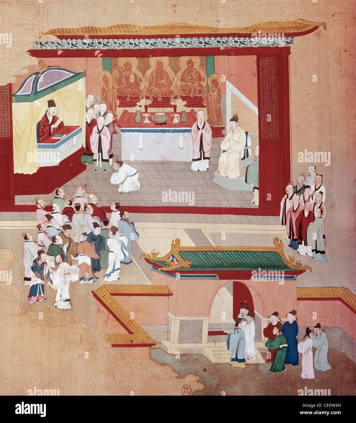 L'Empereur Huizong (1082-1135), règne (1100-1126). Dynastie Song. L'Empereur avec la secte bouddhiste Tao-See. Miniature. Banque D'Images