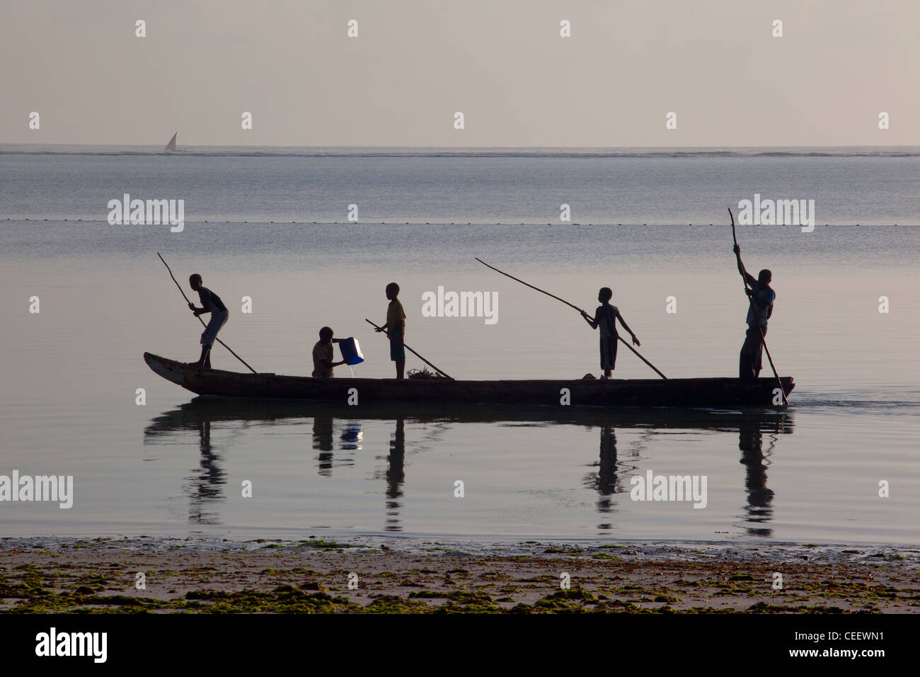 Zanzibari Local Boys Aller à la pêche en barque un dhow dans la mer vers la barrière de corail à Bwejuu, Zanzibar, Tanzanie Banque D'Images