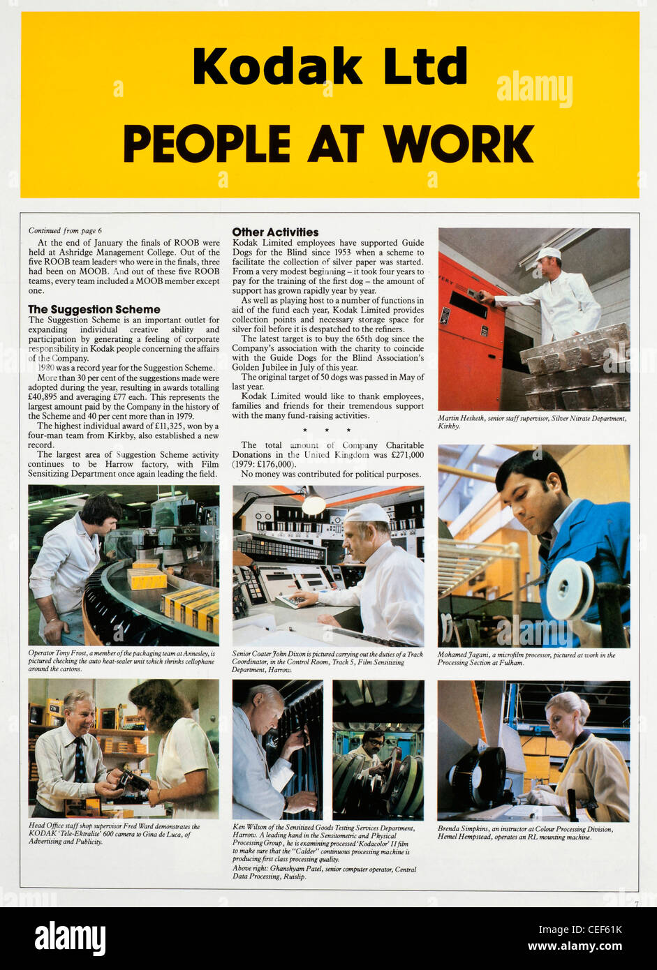 ARTICLE de presse DE KODAK PEOPLE Archive 1980 présentant divers employés de Kodak et leurs métiers avec le photographe Kodak Ltd Ian Shaw Kodak Banque D'Images