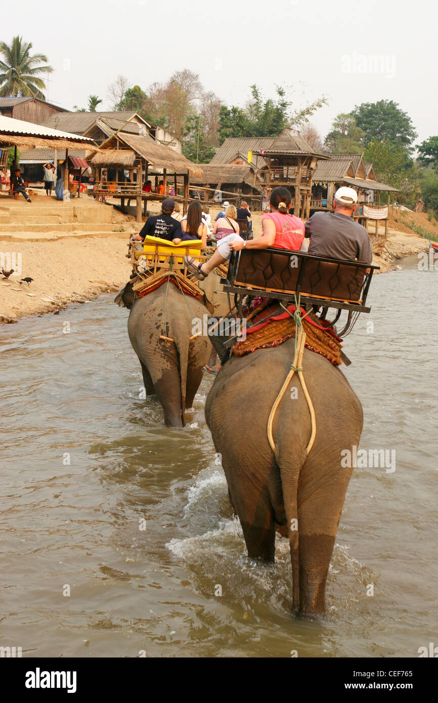 Les touristes appréciant un éléphant à travers la rivière Kok, Ruammit village, province de Chiang Rai en Thaïlande. Banque D'Images