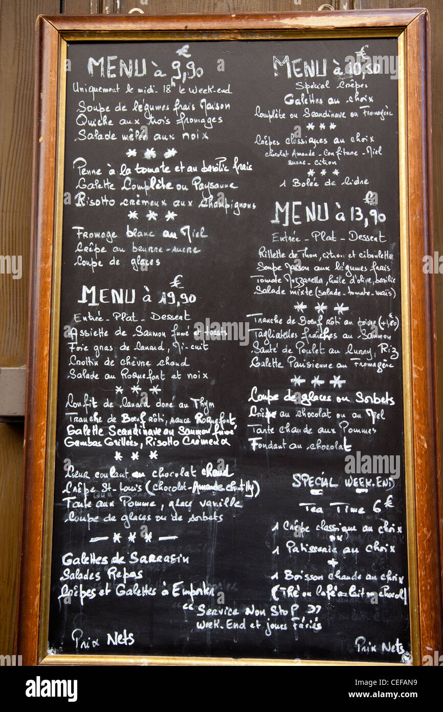 En dehors du menu d'un restaurant à Paris France Banque D'Images