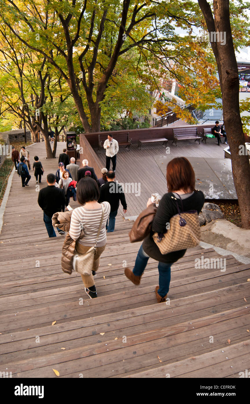 Les gens à monter et descendre les marches qui mènent au sommet de la montagne Namsan (ou Nam Mountain) dans le parc Namsan, Séoul Banque D'Images