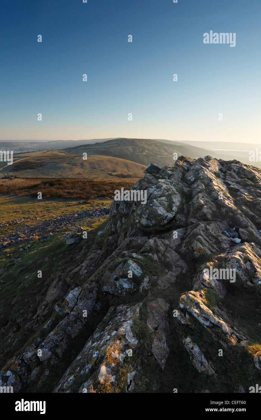 Vue depuis le sommet du pic vers le bas Crook hésitants. L'Mendips, Somerset, England, UK. Banque D'Images