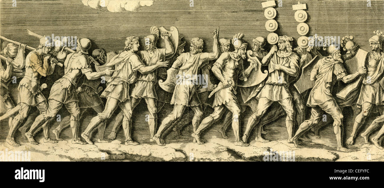 Circa 1790 gravure, grecque ou romaine des soldats sur le mars. Banque D'Images