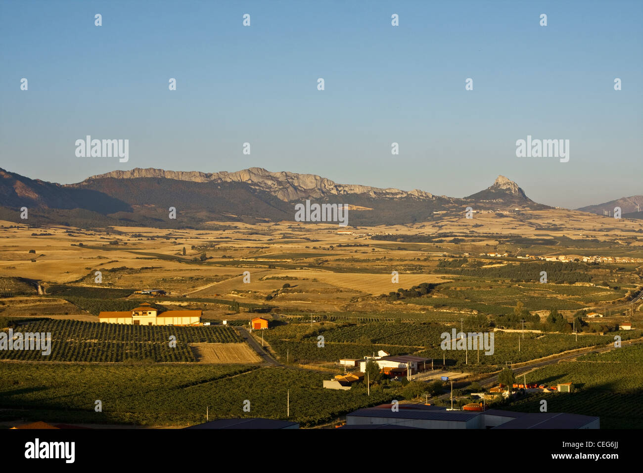 L'Alava, Laguardia, Alava, Espagne, les champs et vignobles qui entourent l'aéroport Laguardia sont dominées par les montagnes Sierra Cantabria Banque D'Images