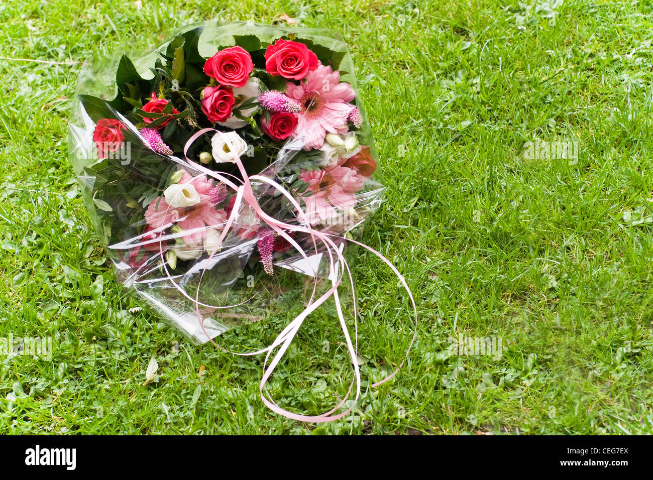 Bouquet de rouge, rose et blanc des fleurs d'un fleuriste sur pose de gazon sur le terrain Banque D'Images