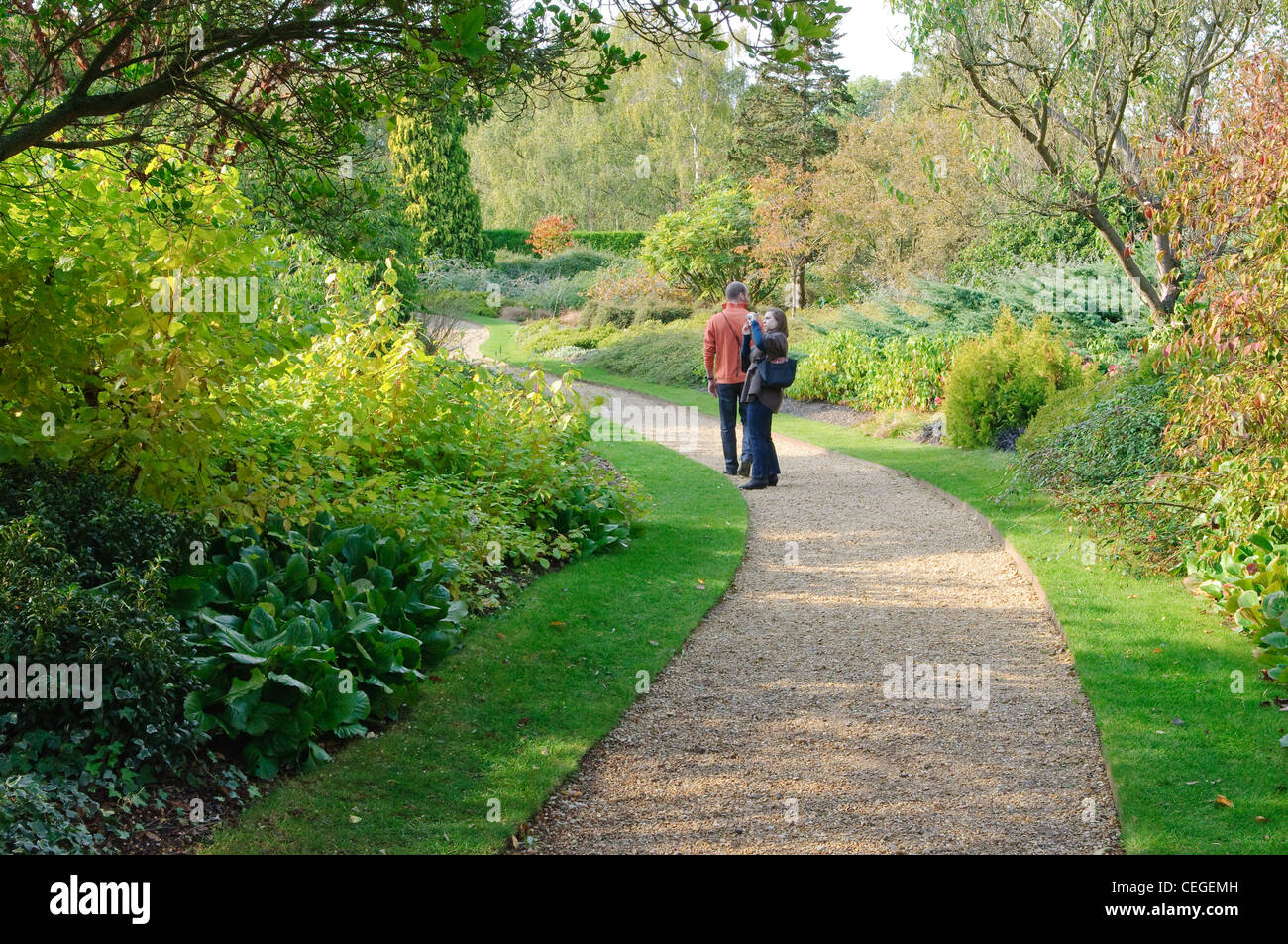 Les visiteurs à explorer le jardin botanique de Cambridge, Cambridge, UK. Banque D'Images