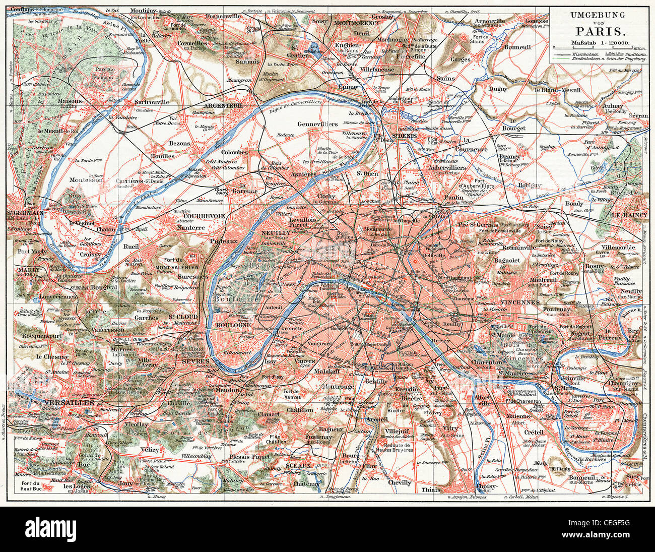 Plan de Paris et la banlieue. Publication du livre 'Meyers Konversations-Lexikon', Volume 7, Leipzig, Allemagne, 1910 Banque D'Images