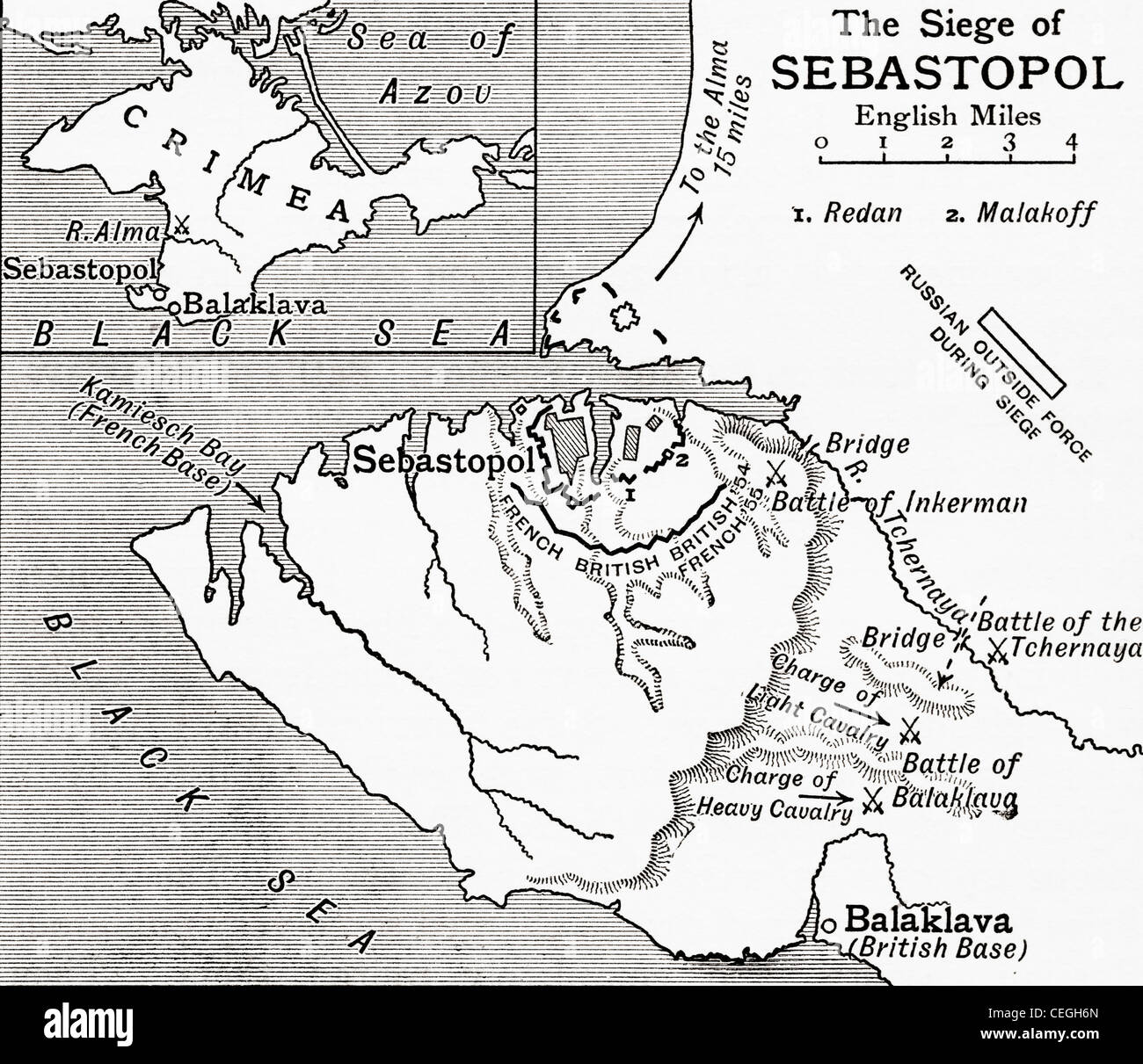 Carte de la siège de Sébastopol pendant la guerre de Crimée, de 1854 à