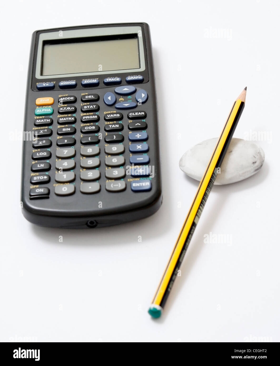 Calculatrice et crayon Banque D'Images