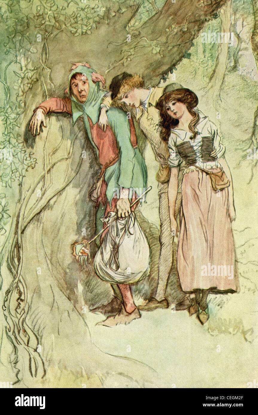 À partir de cette image que vous le souhaitez Il montre Touchstone, le Fou, avec Rosalind, vêtu de vêtements de Ganymède. Banque D'Images