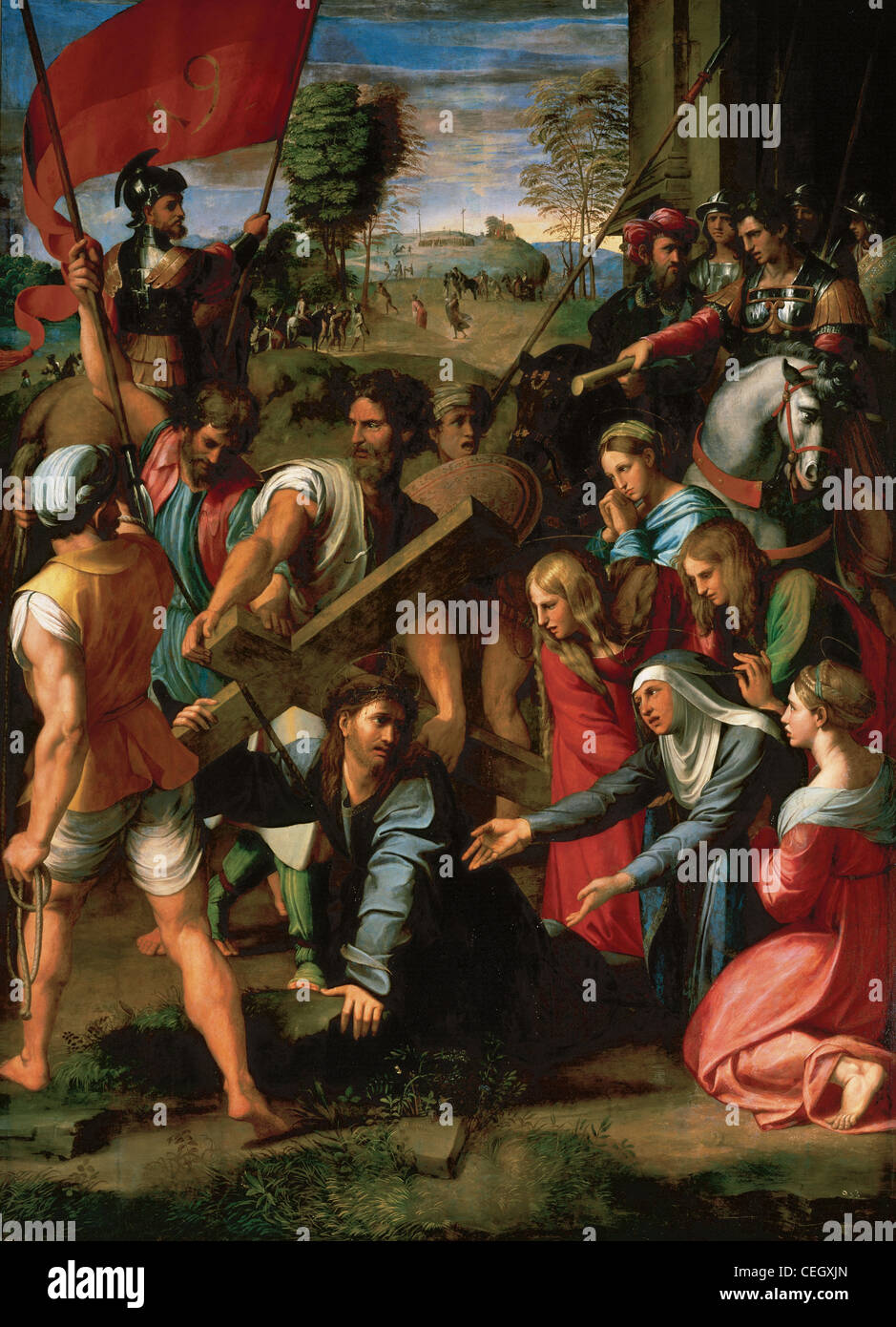 Raphael (1483-1520). Le Christ tombant sur le chemin du Calvaire (1514-1516). Huile sur panneau transférée à toile. Banque D'Images