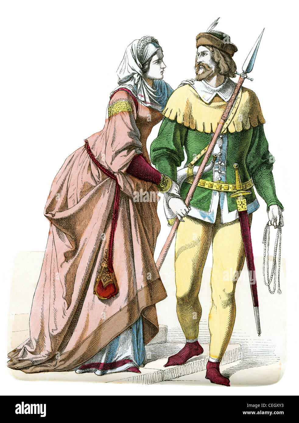 Une noble dame et un cavalier habillé pour aller à la chasse, 14e siècle Banque D'Images