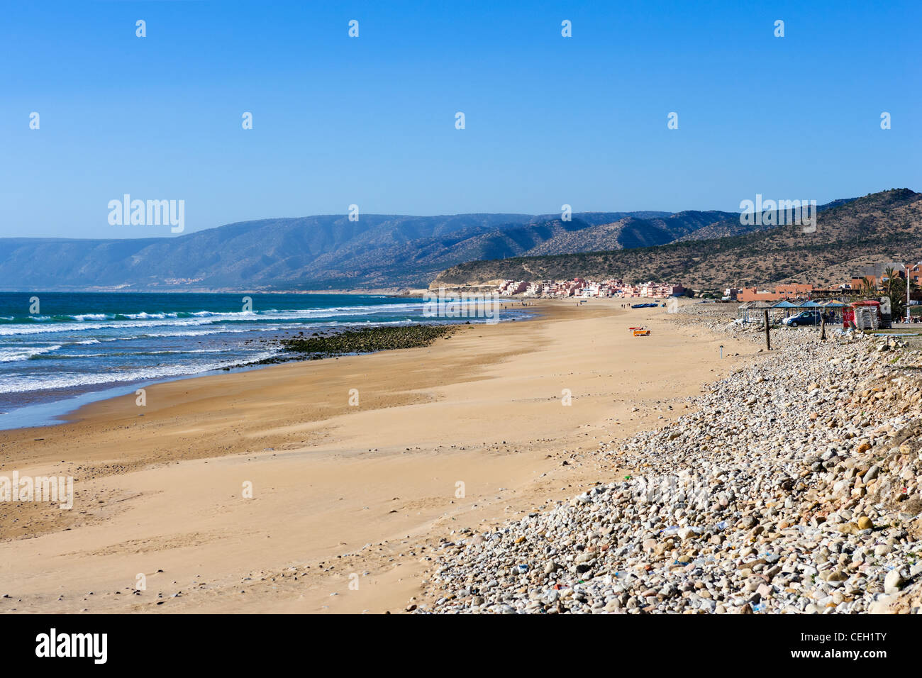 Paradis plage au nord de Taghazout Tamraght et Agadir, Maroc, Afrique du Nord Banque D'Images