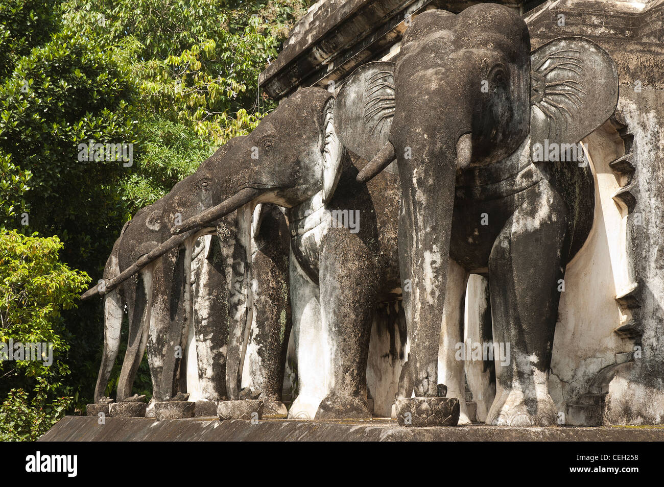 Elk208-1453 Thaïlande, Chiang Mai, le Wat Chiang Man, Chang Lom chedi, statues d'éléphants Banque D'Images