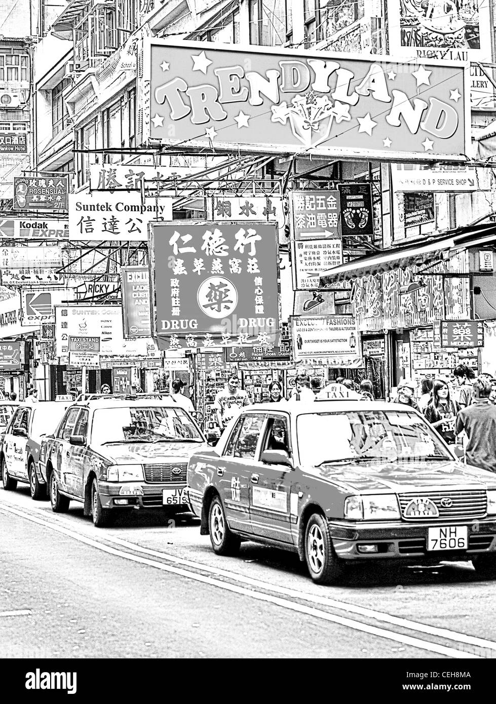 La couleur et le noir et blanc de la photographie de rue signalisation du marché à Hong Kong,Chine,l'Asie. Banque D'Images
