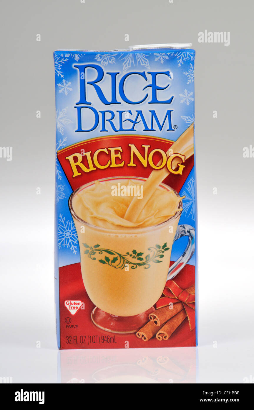 Récipient de lait sans gluten riz substitut nog par Rice Dream sur fond blanc dentelle Banque D'Images