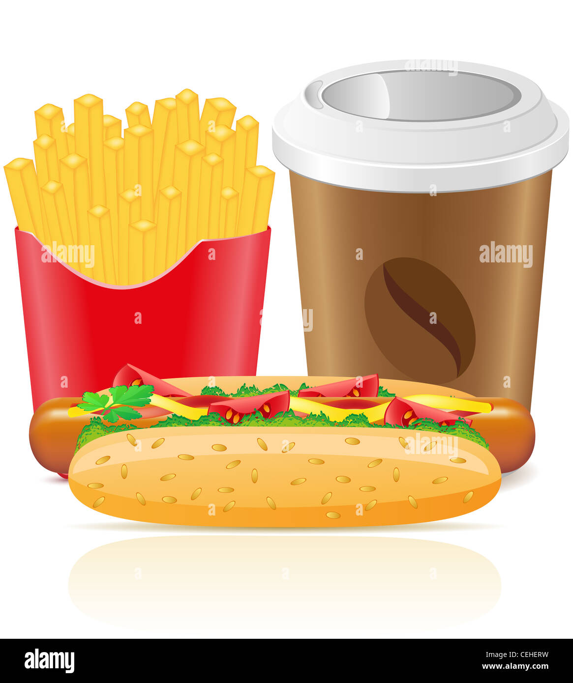 Pommes de terre frites Hot-dog et tasse de papier avec illustration de café Banque D'Images