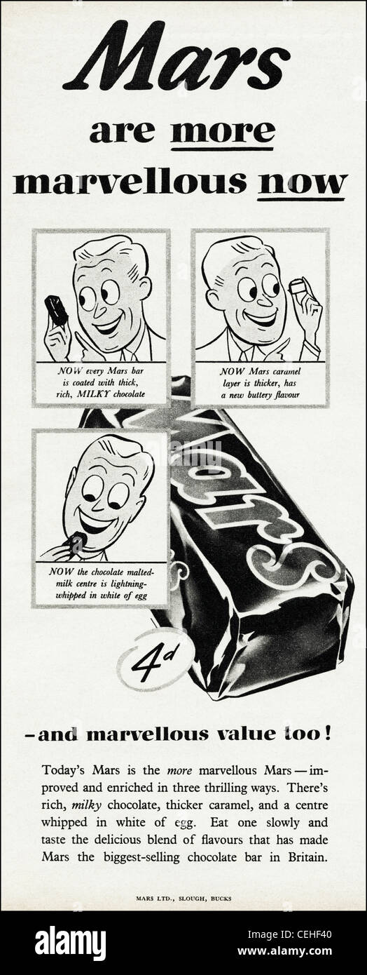 Publicité originale dans le magazine de l'époque des années 1940 annonçant MARS BARS chocolat Banque D'Images