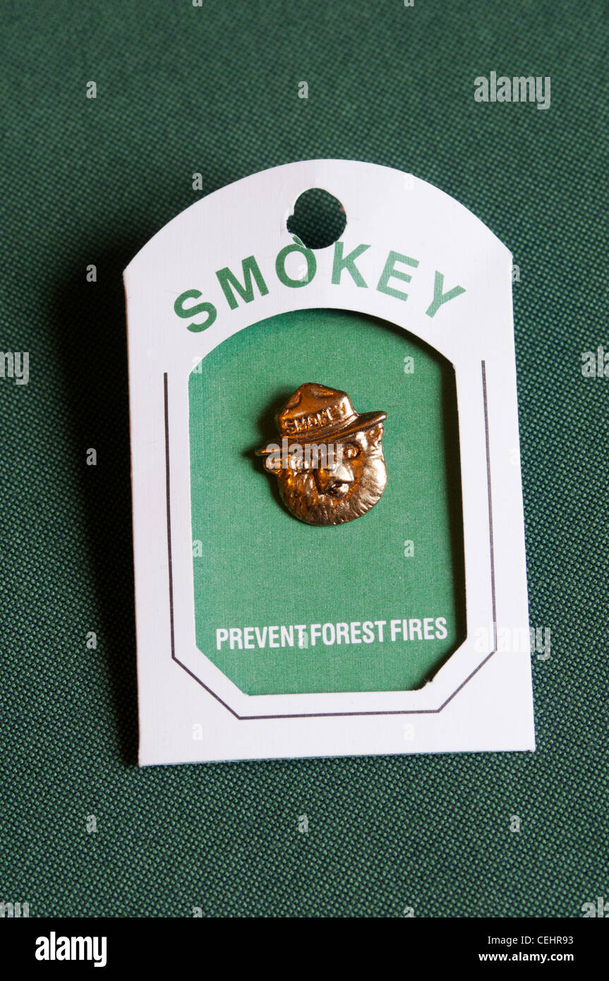 Un Smokey Bear de la prévention des incendies à la promotion de l'insigne. Banque D'Images