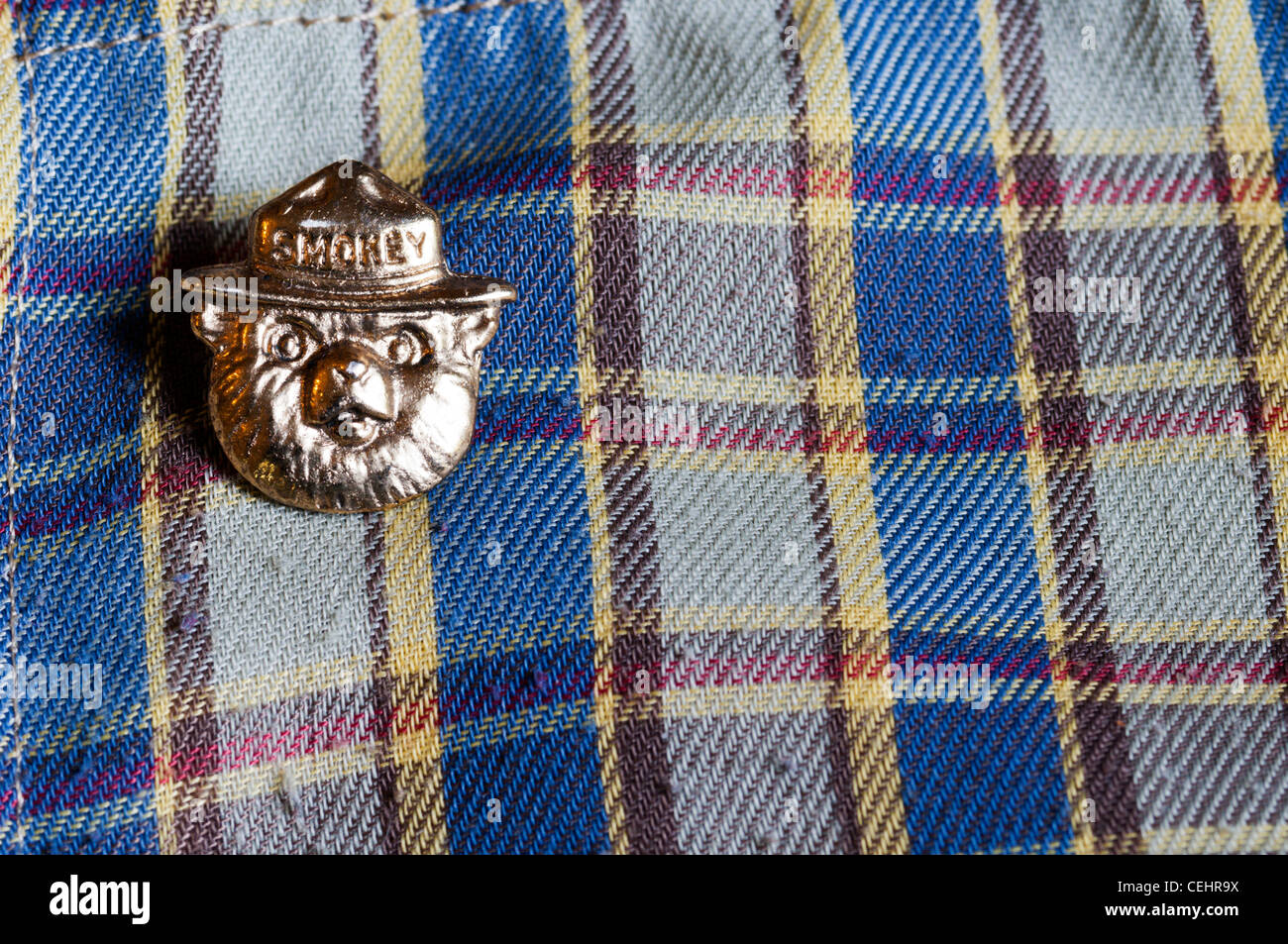 Un badge ours Smokey, la promotion, la prévention des incendies à l'épingler sur une chemise de bûcheron. Banque D'Images